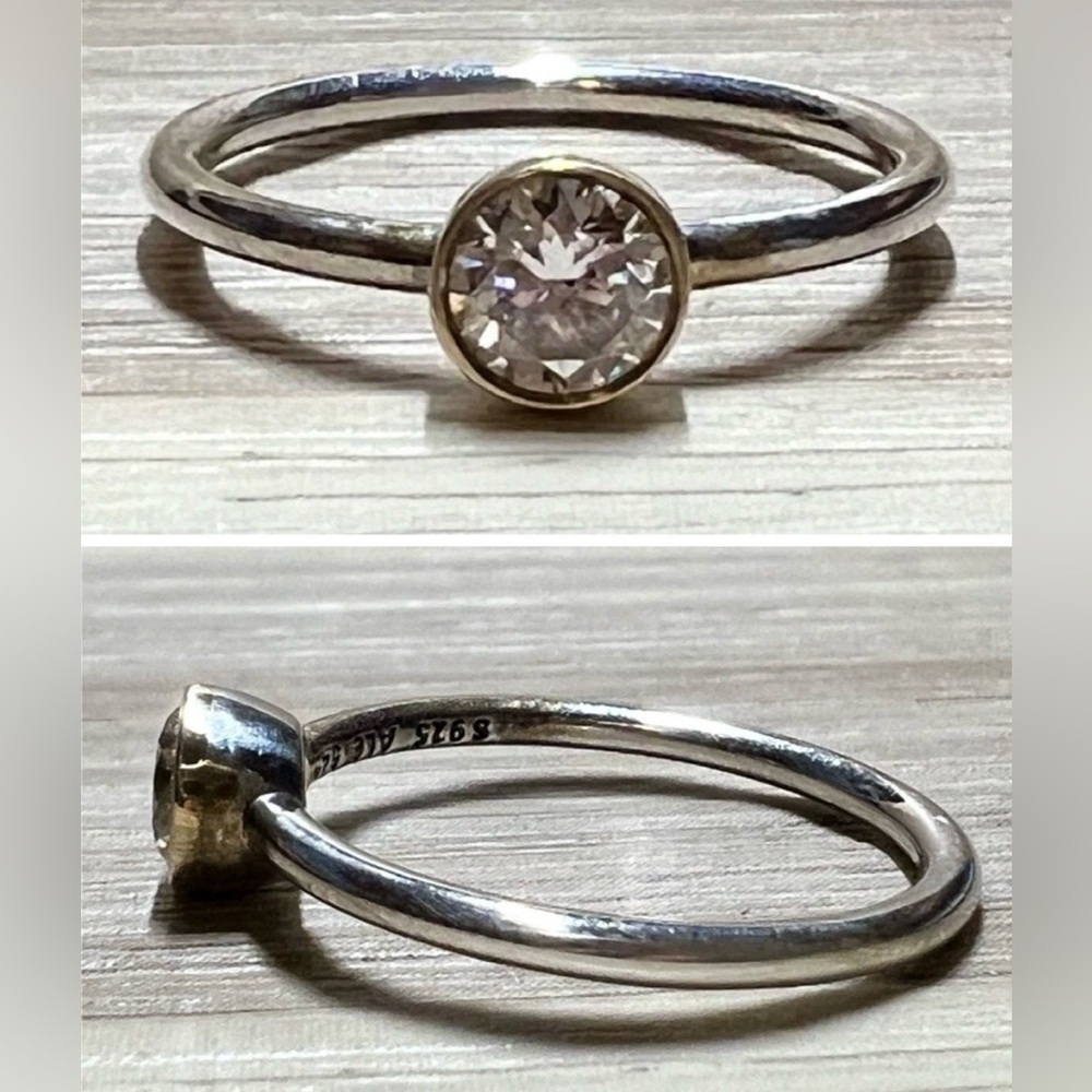 Designer Pandora Sterling Silver & 14k Gold Set Cubic Zirconia Ring, Size 6.5